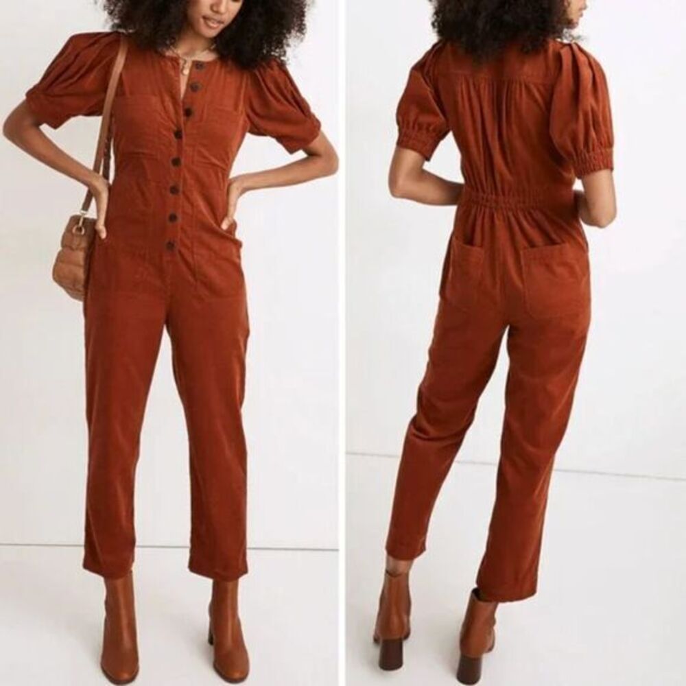 NEW Madewell Corduroy‎ Puff-Sleeve Button-Front Jumpsuit, 00P